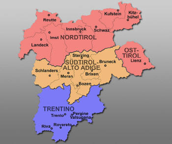 Die historische Region Tirol, sowie die heutige Europaregion Tirol-S�dtirol / Alto Adige Terentino. - Karte f�r weitere Informationen anklicken!