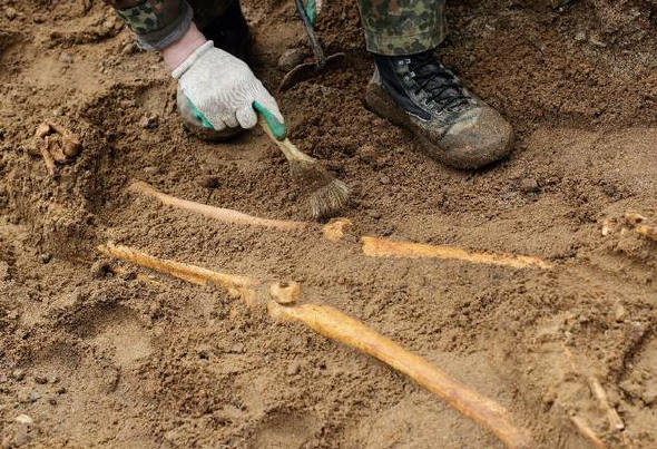 Menschliche Überreste: Archäologen finden im nordostpolnischen Komorow ein Massengrab. © dpa