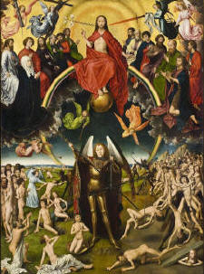 Mitteltafel mit der Auferstehung der Toten und der Seelenw�gung; linke Tafel: die Geretteten auf ihrem Weg ins Himmlische Jerusalem; rechte Tafel: die Verdammten in der H�lle. (Kpl. Bild zur Vergr��erung anklicken!)