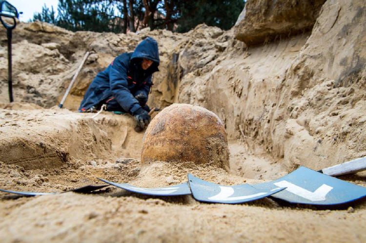 Die Gebeine eines Toten werden am 09.02.2017 in einem Massengrab nahe der Stadt Torun in Polen [Thorn / Westpr.] freigelegt. Mehr als 1.700 Soldaten aus dem Zweiten Weltkrieg sind dort geborgen worden. Es seien �berwiegend Deutsche, wie an den Erkennungsmarken zu sehen sei, sagte ein Mitarbeiter von der f�r die Exhumierungen zust�ndigen Stiftung Gedenken in Warschau.